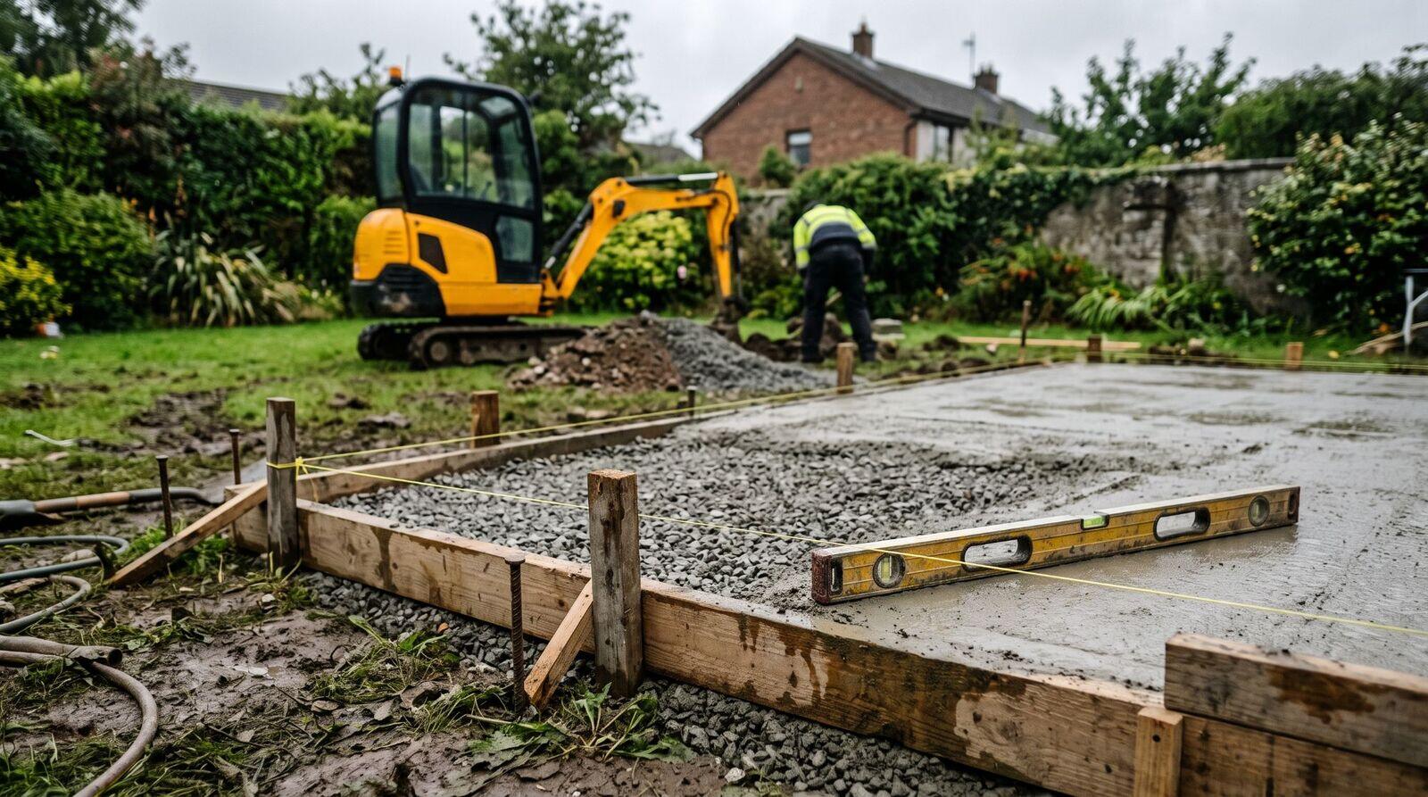 A gravel and concrete base being prepared in a back garden