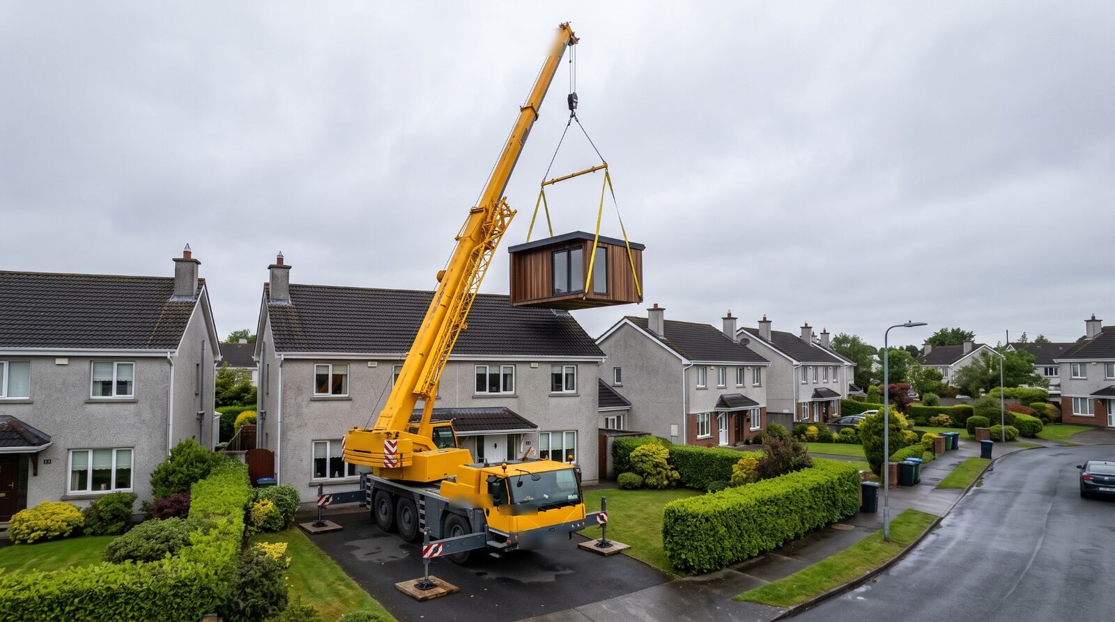 A mobile crane lifting a garden room pod over a semi-detached house
